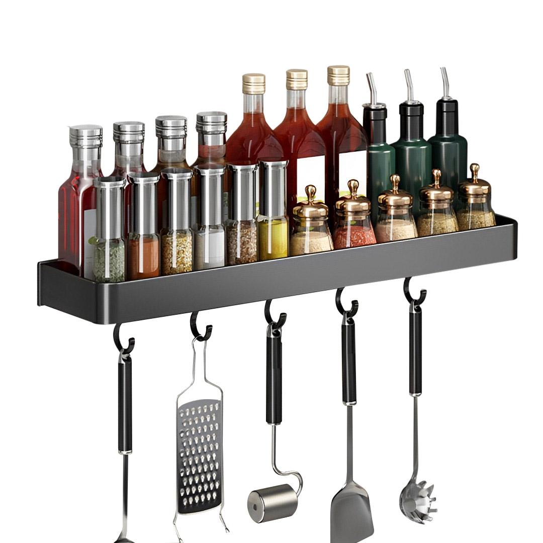 Wall-Mounted Kitchen Spice Storage Organiser Black Rack with Hooks - Free Shipping