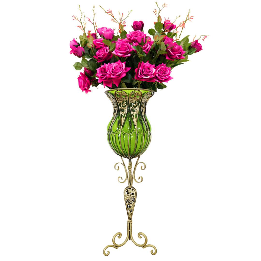 Green Glass 85cm Tall Floor Vase with 12pcs Dark Pink Flower Set - Free Shipping