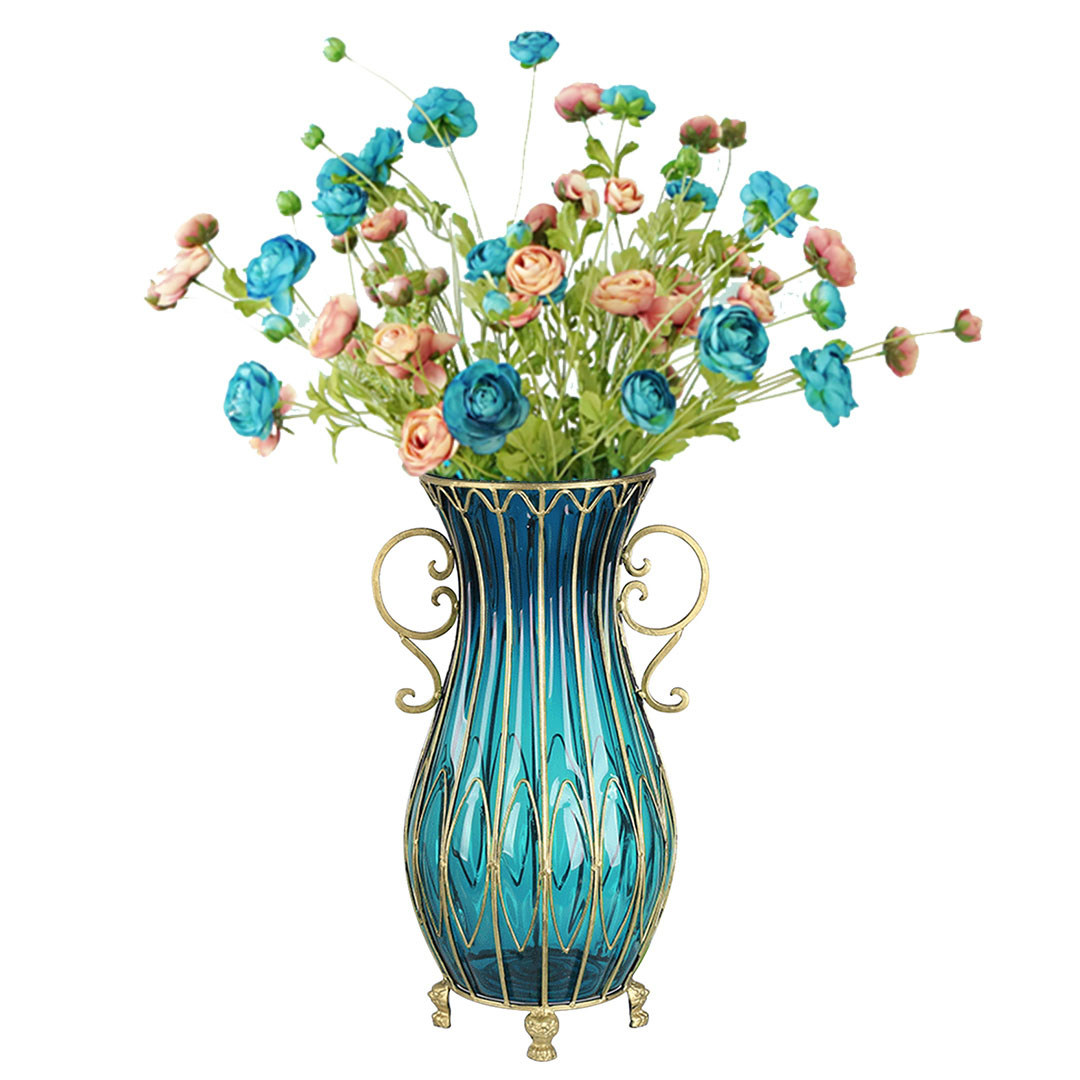 Blue Glass Tall 51cm Vase with 12pcs Fake Flower Set - Free Shipping