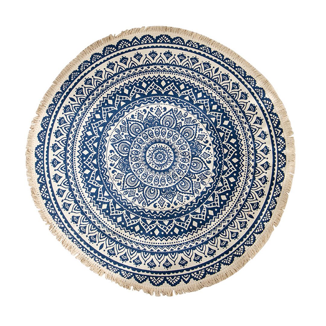 Dark Blue Soft Linen, Non-Slip Bohemian Round Rug, Retro Design with Tassels - Free Shipping