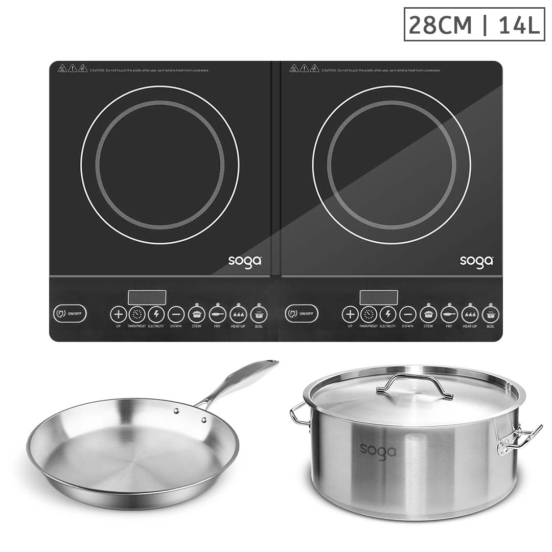 Dual Burners Cooktop with 14L Stainless Steel Stockpot and 28cm Induction Fry Pan - Free Shipping