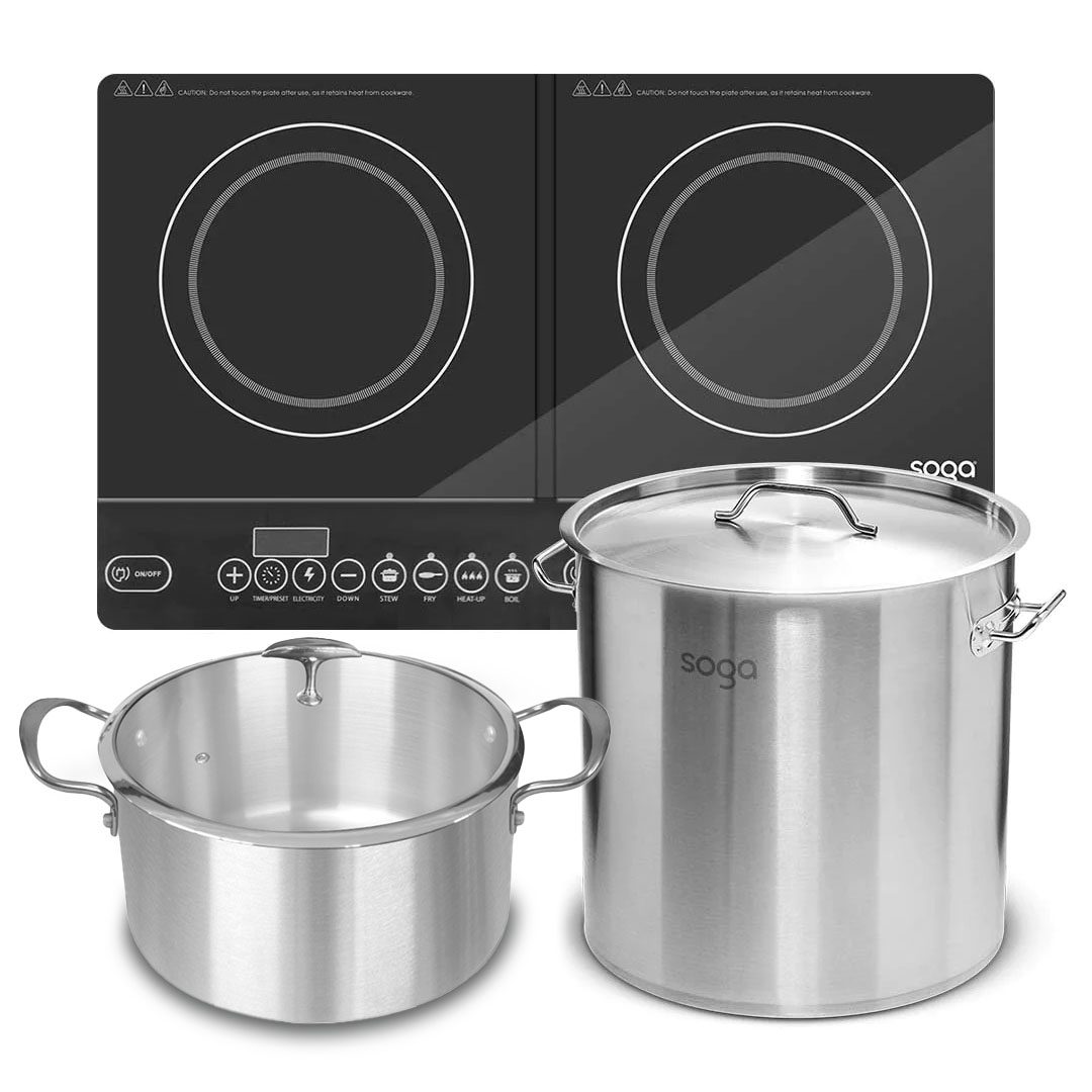 Dual Burners Cooktop Stove, 28cm and 28cm Induction Casserole, 17L Stainless Steel Stockpot - Free Shipping