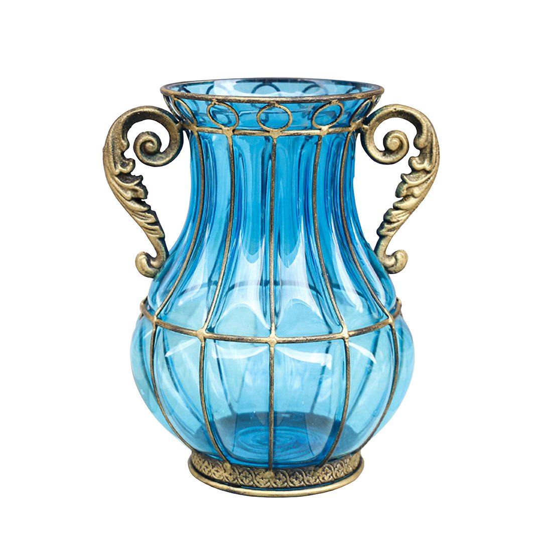 Blue Coloured European Glass Flower Vase with Metal Handle - Free Shipping