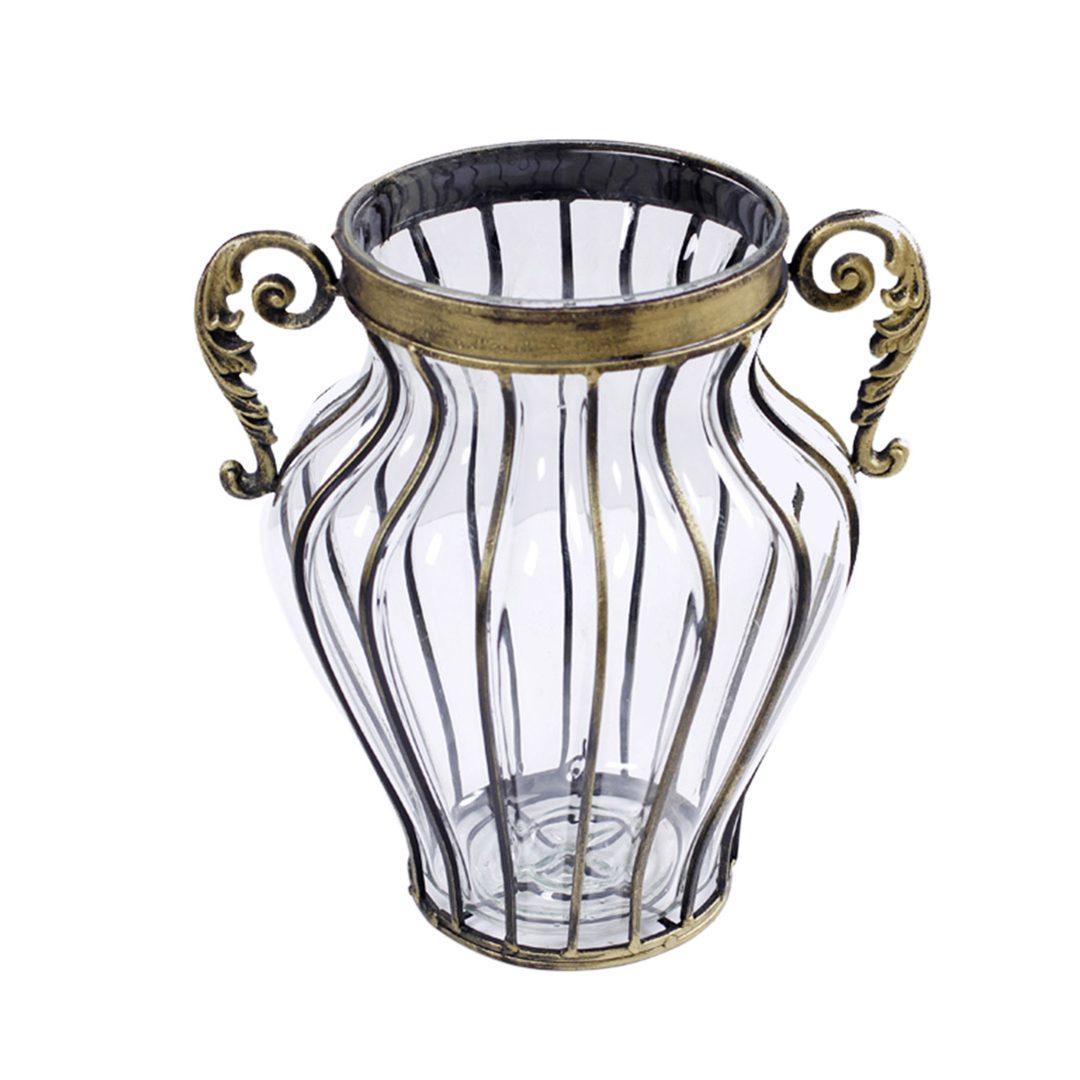 Clear European Glass Floor Decor Flower Vase, Metal Handle - Free Shipping