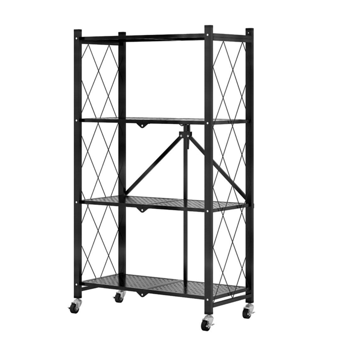 Multi-Functional Shelves Portable 4 Tier Steel Black Foldable Kitchen Cart with Wheels - Free Shipping