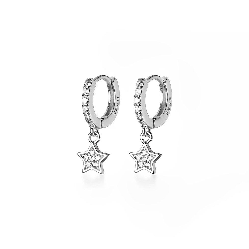 Sterling Silver Bohemian Pave Zircon Star Hanging Stud Earrings, Cute Gift