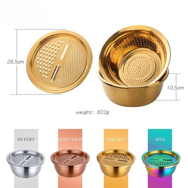 Rainbow Stainless Steel Basket Strainer Bowl with Vegetable Slicer for Buffet - Image 2