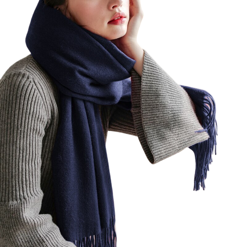 100% Polyester Fiber Scarf Light Navy Blue Solid Fringe Cashmere Shawl, Occasional Wear - Free Shipping