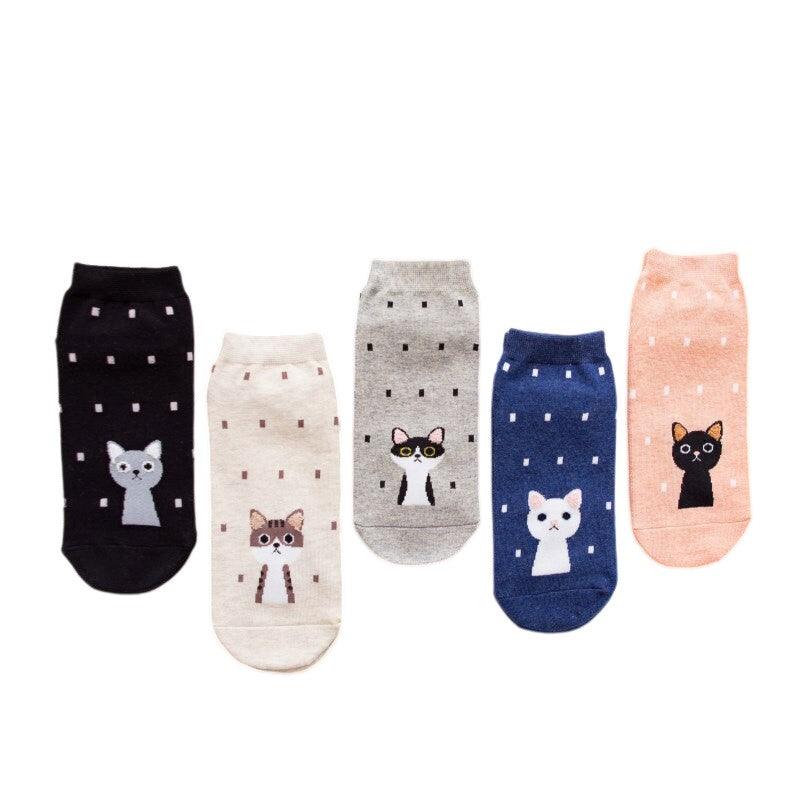 5 Pairs One Size 5-9 Kitty Spring Summer Fashion Cartoon Cute Women's Socks - Free Shipping