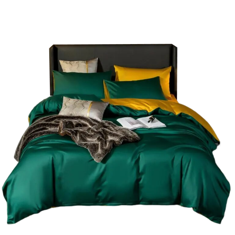 Deep Green and Yellow Ultra Soft Luxury Egyptian Cotton Full Size 4-Piece Bed Set