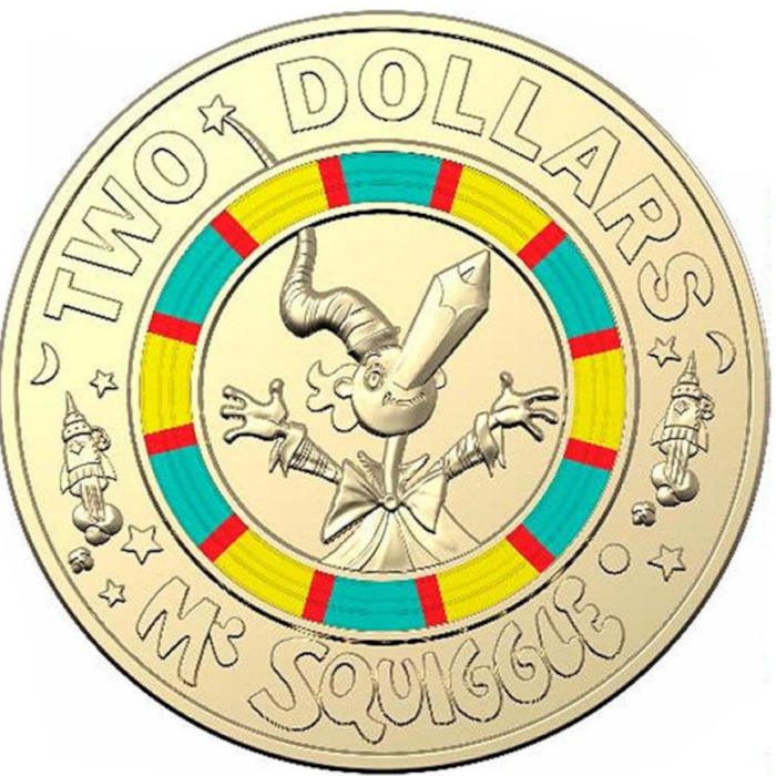 2 coloured mr squiggle coin