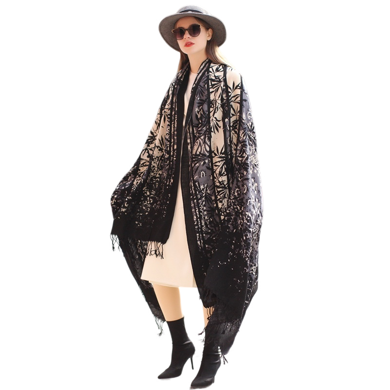 Black Grey Floral Merino Wool Neck Wrap with Silk Satin, Unparalleled Fashion - Free Shipping