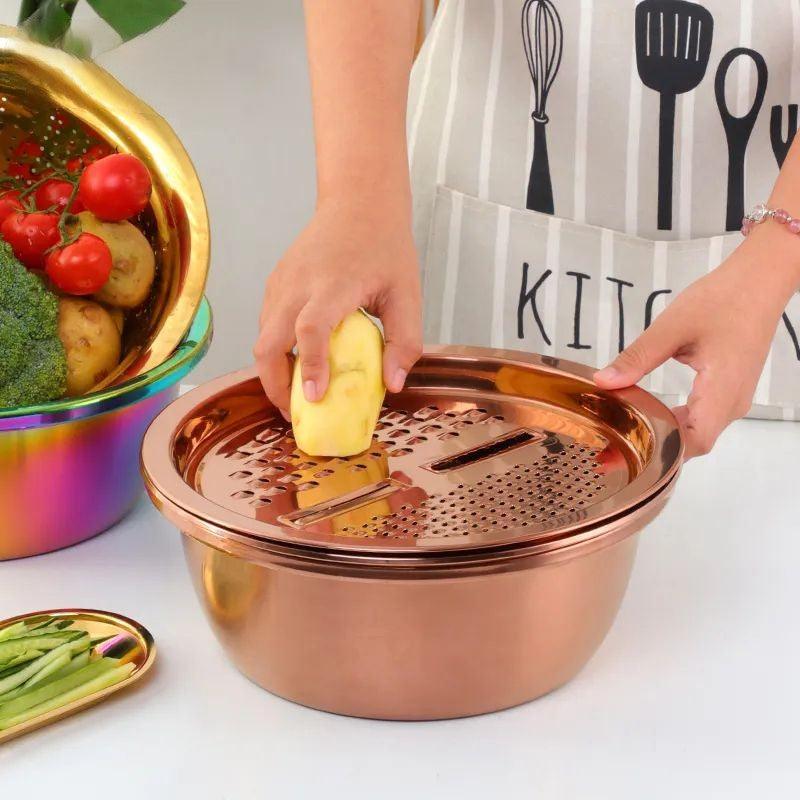 Rainbow Stainless Steel Basket Strainer Bowl with Vegetable Slicer for Buffet - Image 6