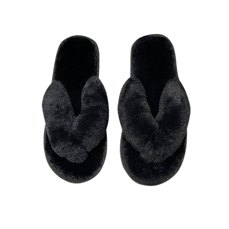 Black Plush Slippers, Size 5-6 Flip Flop, Women Winter Wear Indoors