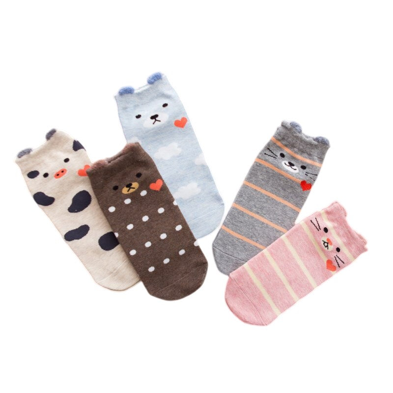 5 Pairs One Size 5-9 Mixed Colour Farm Animals Fashion Cartoon Cute Women's Socks - Free Shipping