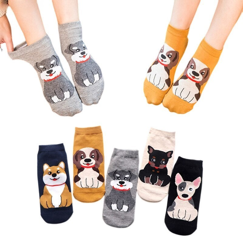 5 Pairs One Size 5-9 MultiColour Dog Fashion Cartoon Cute Women's Socks - Free Shipping