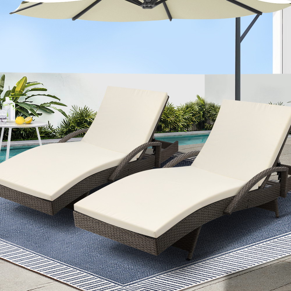 Gardeon 2-Piece Adjustable Wicker Sun Lounge Set - Grey/Beige