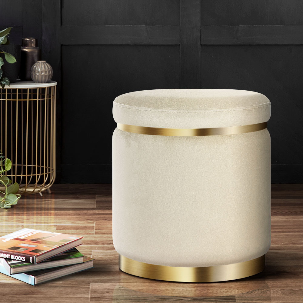 Artiss Round Velvet Foot Stool Ottoman Cream
