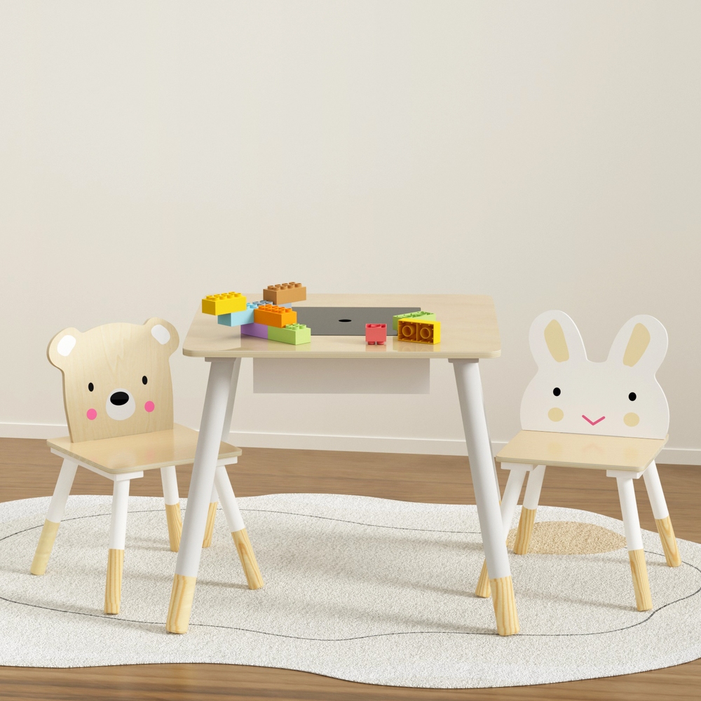 Keezi 3PCS Kids Table Chairs Set Chalkboard Hidden Storage