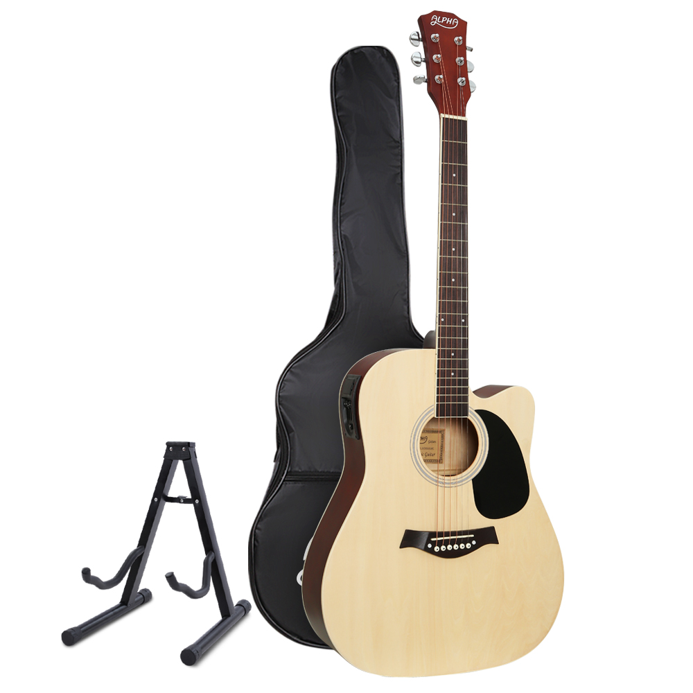 Alpha Acoustic Guitar with Equaliser and Stand - Wood