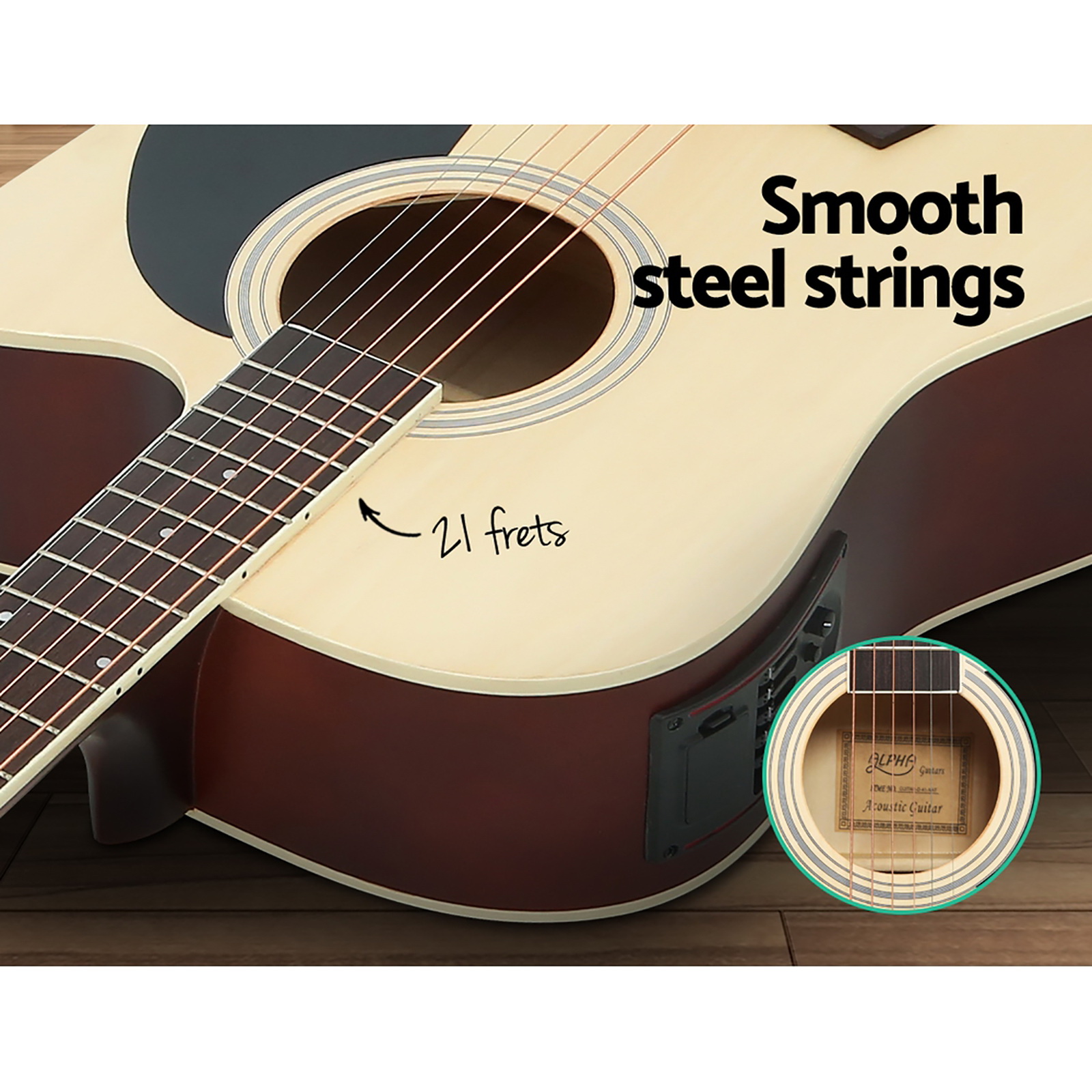 Alpha Acoustic Guitar with Equaliser and Stand - Wood - Image 5