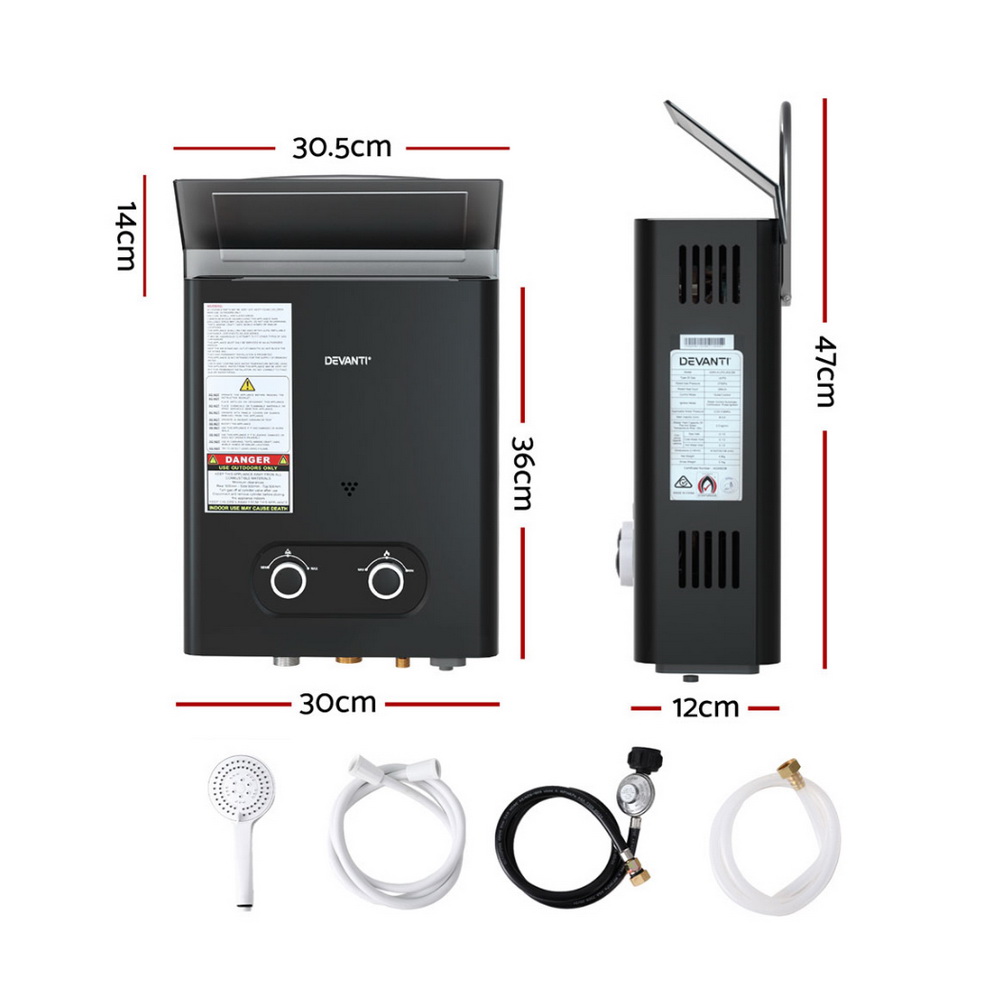 Devanti Portable Gas Water Heater LPG-powered System Black - Image 2
