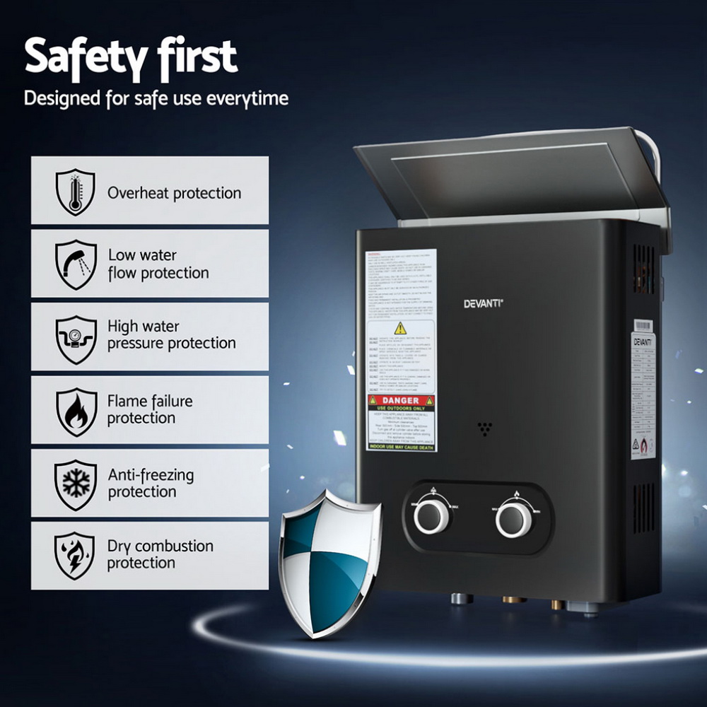 Devanti Portable Gas Water Heater LPG-powered System Black - Image 6