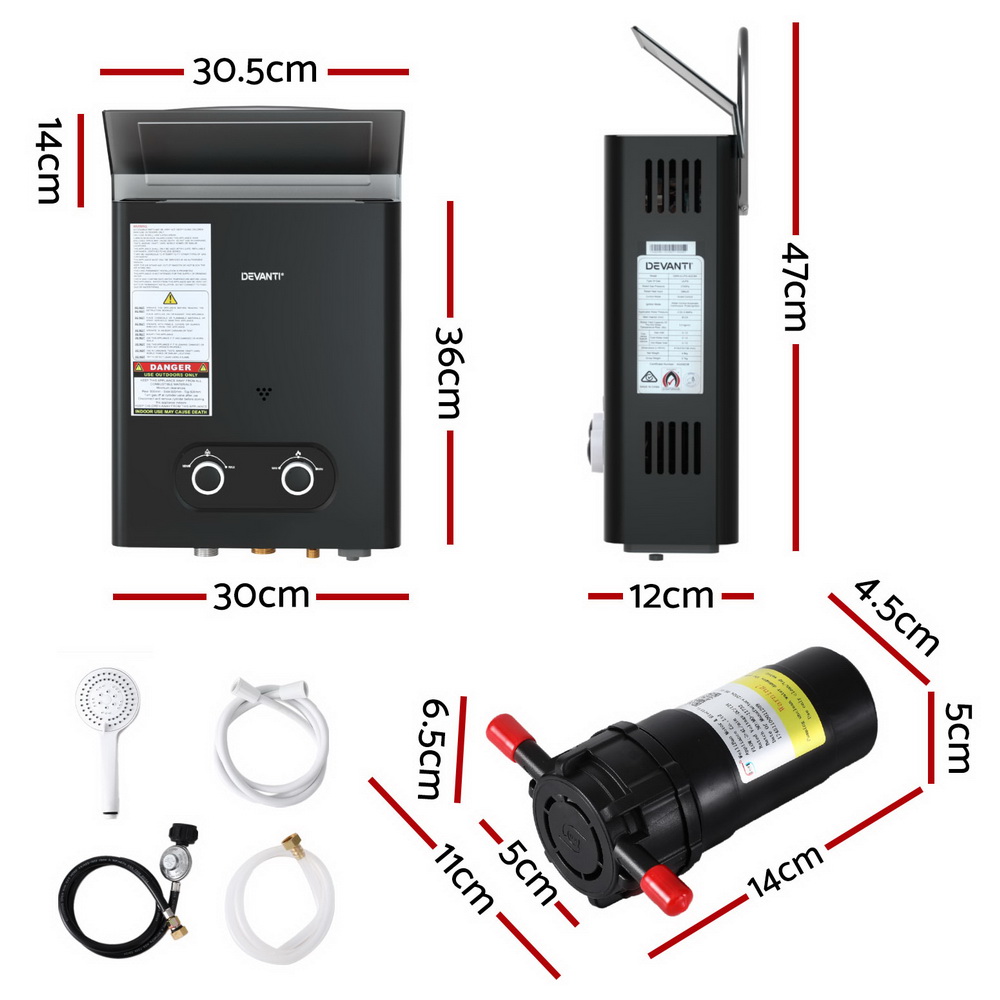Devanti Portable Gas Water Heater LPG-Powered System with Pump - Black - Image 2