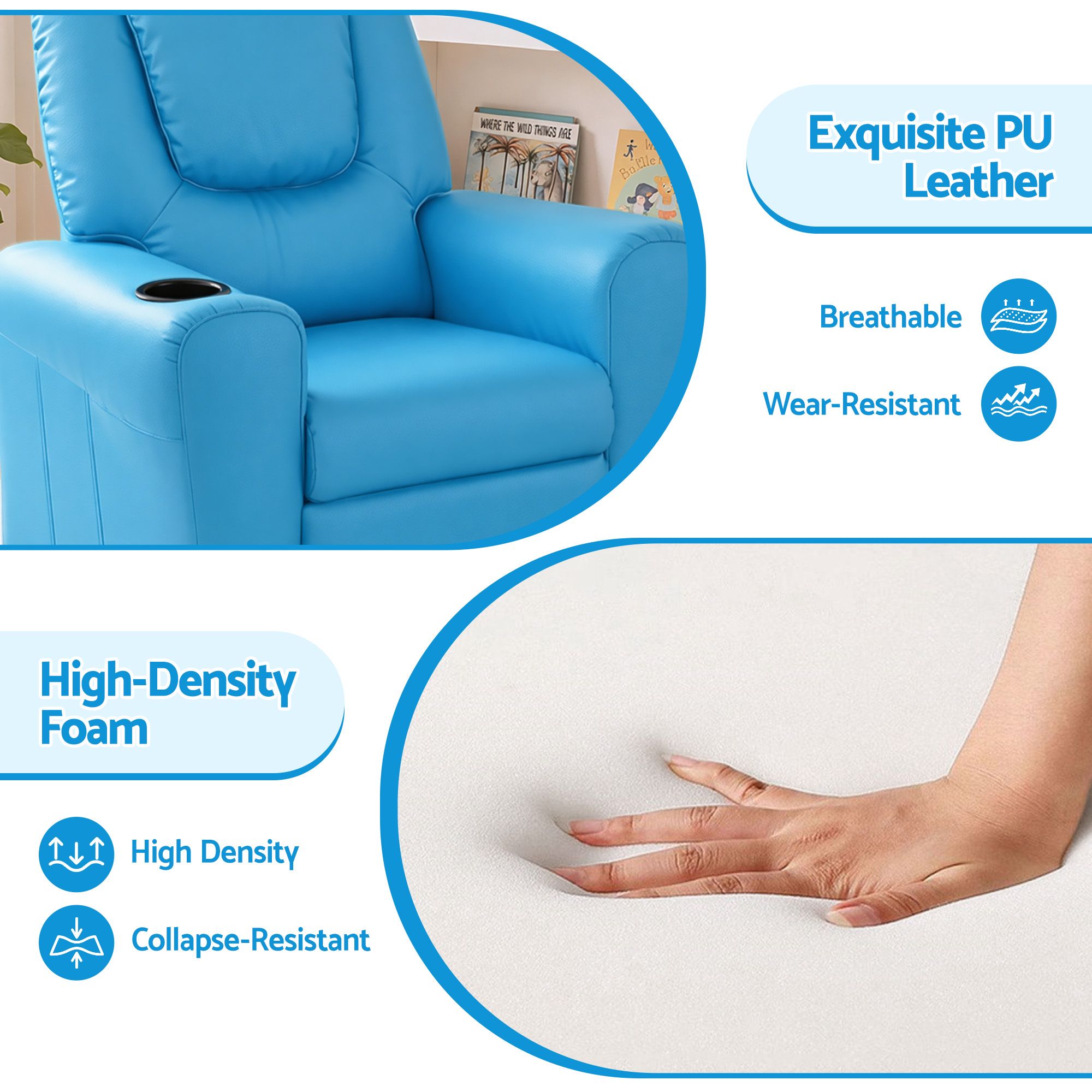 Keezi Kids Recliner Chair - Blue PU Leather - Image 6