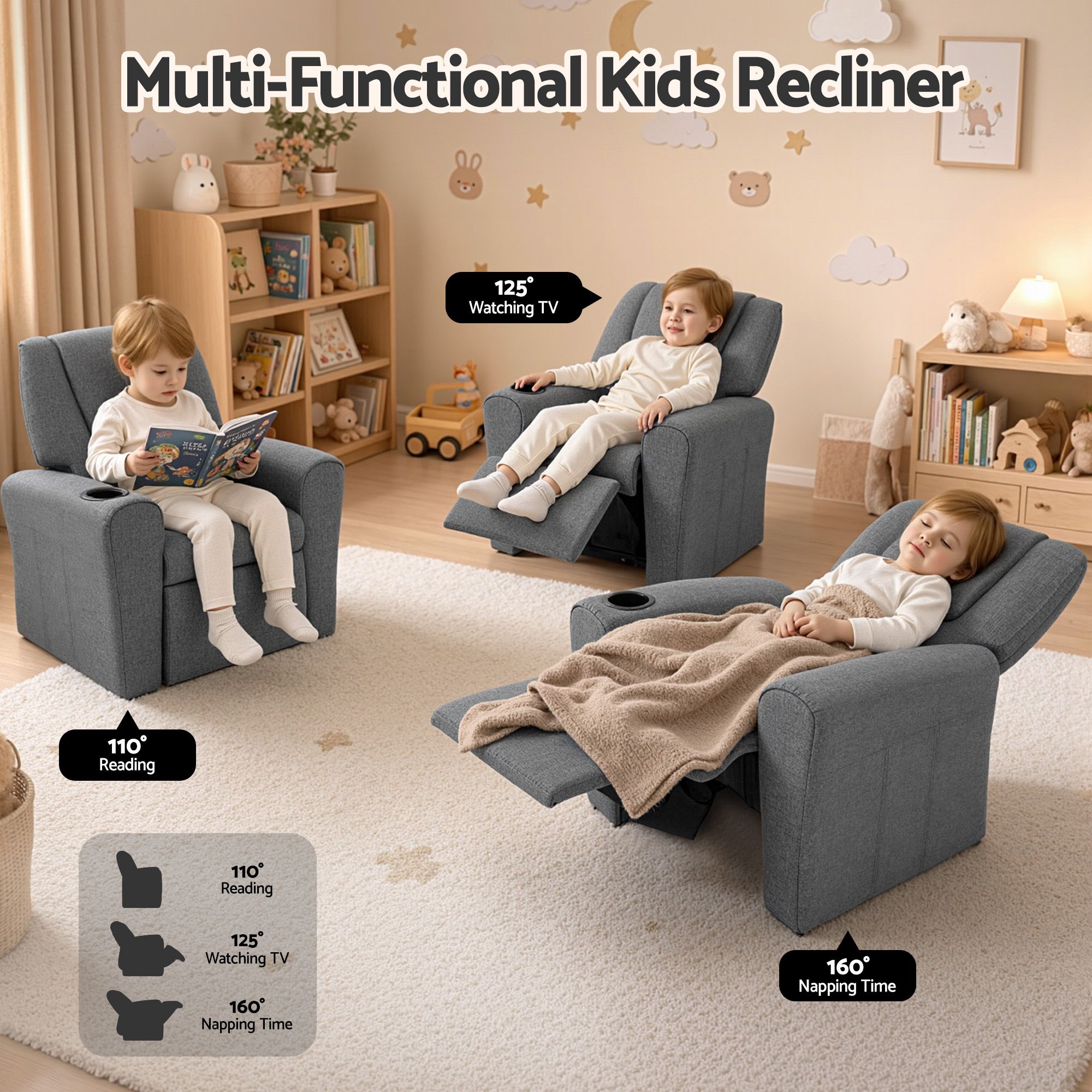 Keezi Kids Grey Linen Recliner Armchair - Image 4
