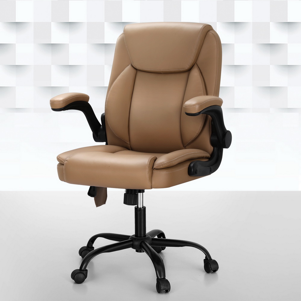 Artiss Mid-Back Leather 2-Point Massage Office Chair - Brown