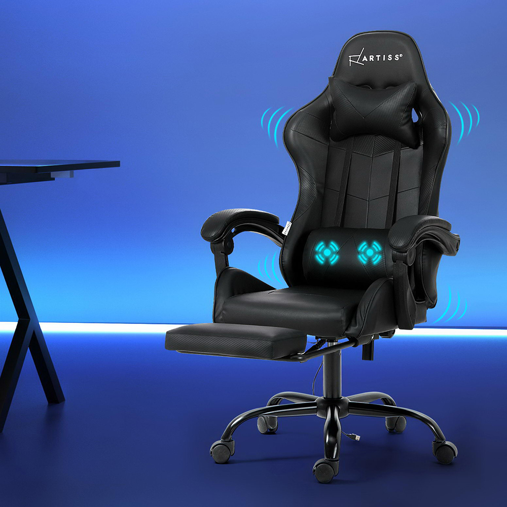 Artiss 2 Point Massage Gaming Office Chair (Footrest, Black)
