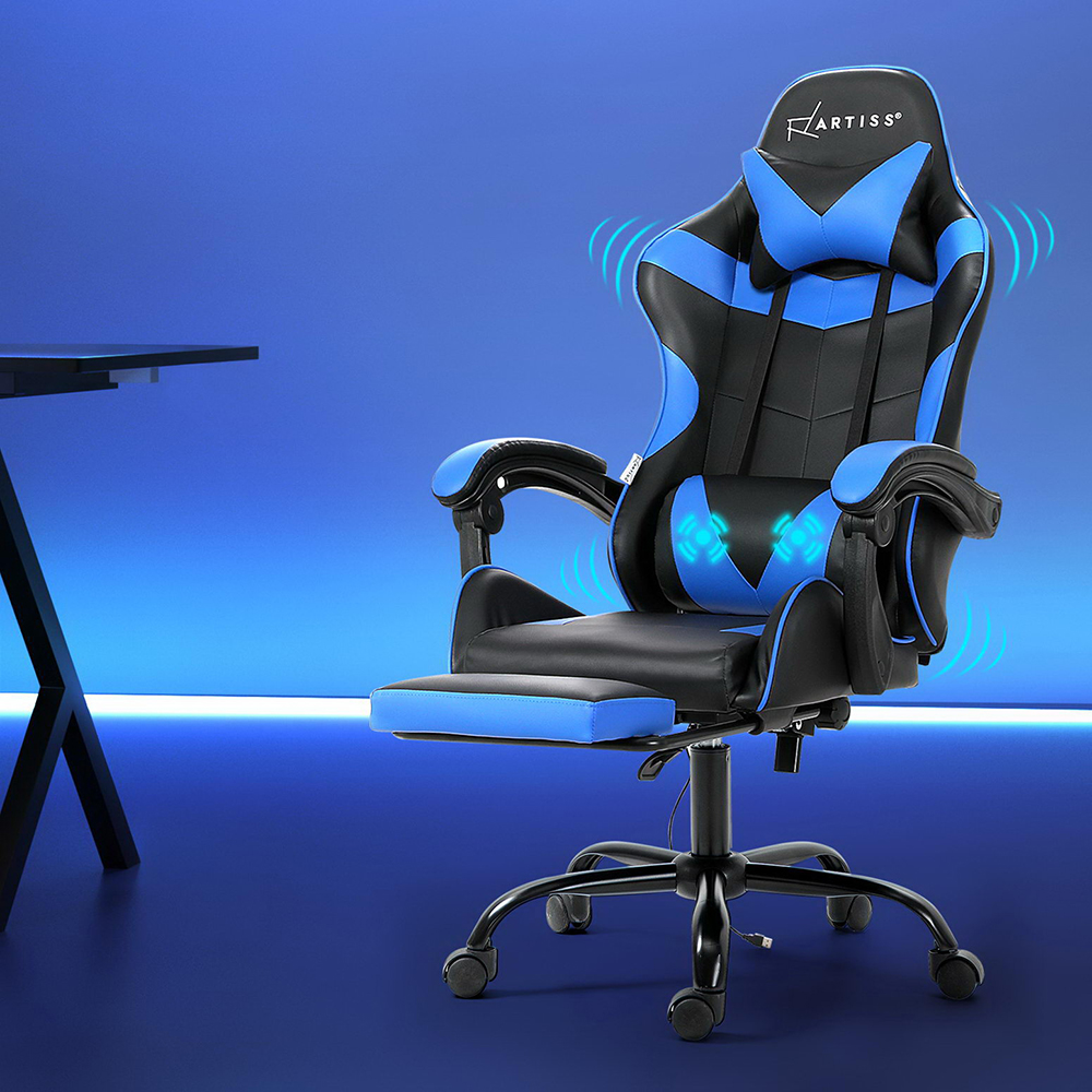 Artiss 2 Point Massage Gaming Office Chair (Footrest, Blue)