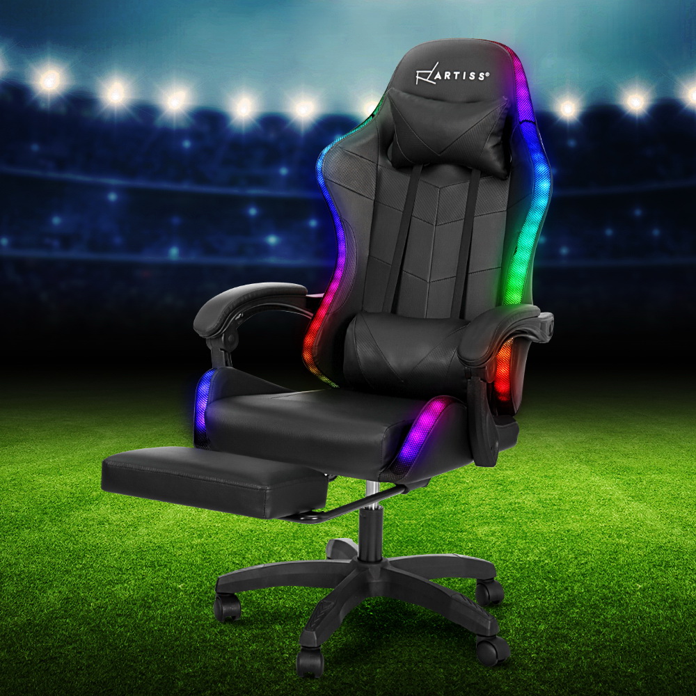 Artiss 6-Point Massage Gaming Office Chair with Footrest & LED - Black