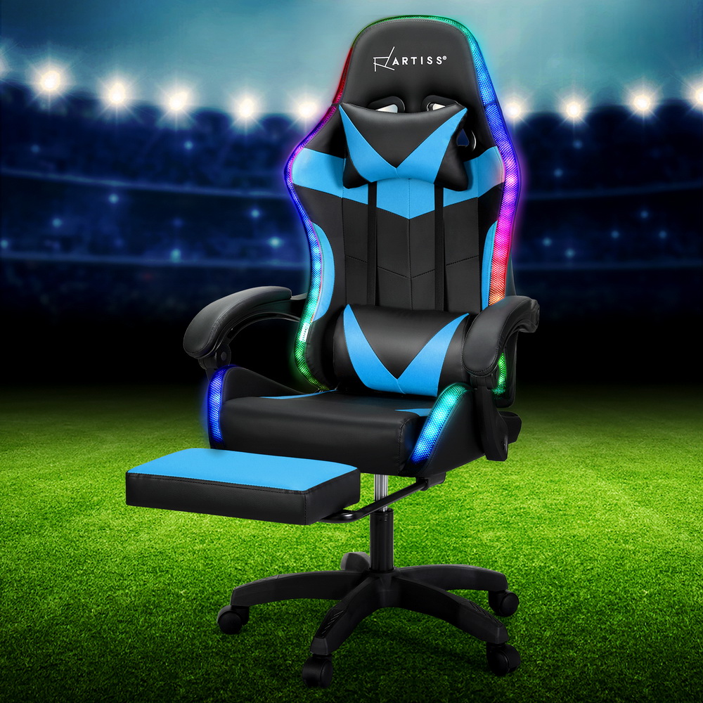 Artiss 6-Point Massage Gaming Office Chair with LED Lights & Footrest (Cyan Blue)