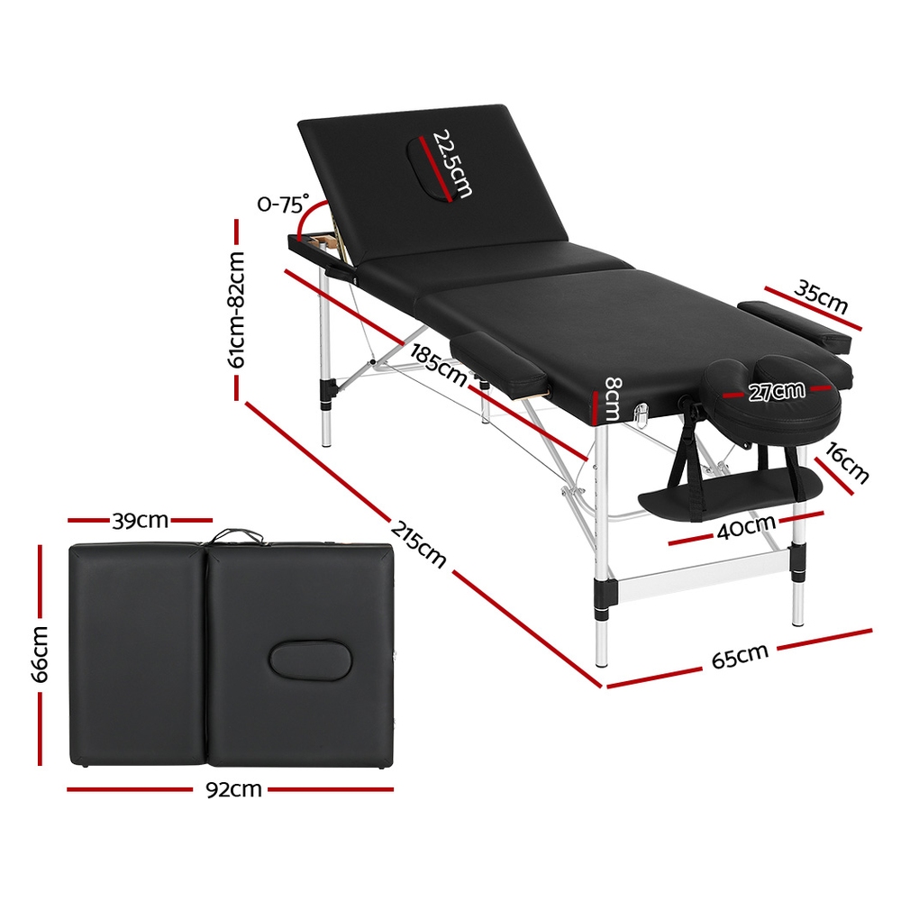 Zenses 65cm Portable 3-Fold Aluminium Beauty Massage Table - Black - Image 2