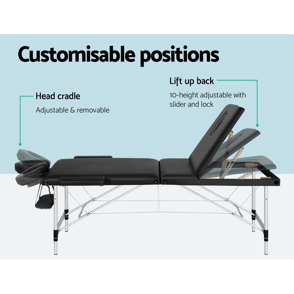 Zenses 65cm Portable 3-Fold Aluminium Beauty Massage Table - Black - Image 5