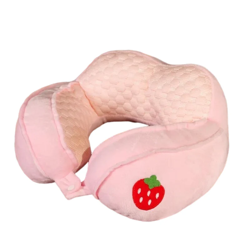Pink Strawberry Travel U-Shaped Cartoon Neck Pillow for Comfortable Sleep