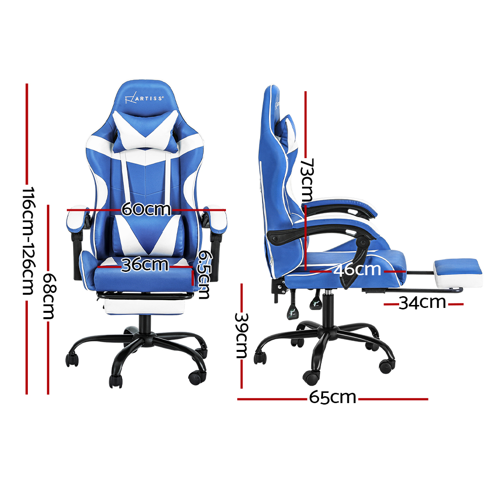 Artiss Executive Leather Gaming Chair with Retractable Footrest - Blue & White - Image 2