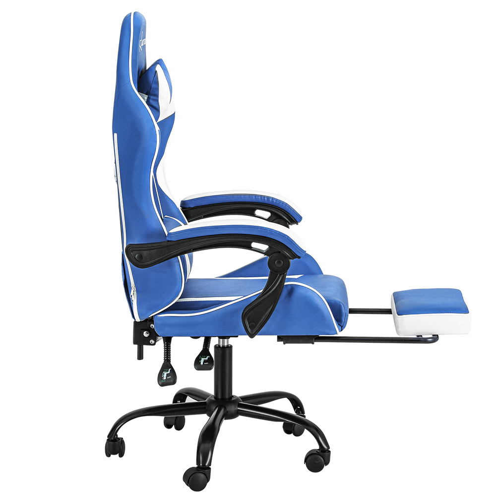 Artiss Executive Leather Gaming Chair with Retractable Footrest - Blue & White - Image 4