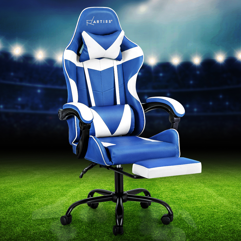 Artiss Executive Leather Gaming Chair with Retractable Footrest - Blue & White