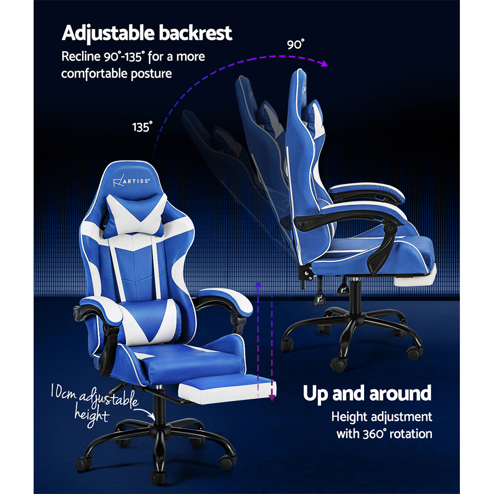 Artiss Executive Leather Gaming Chair with Retractable Footrest - Blue & White - Image 5