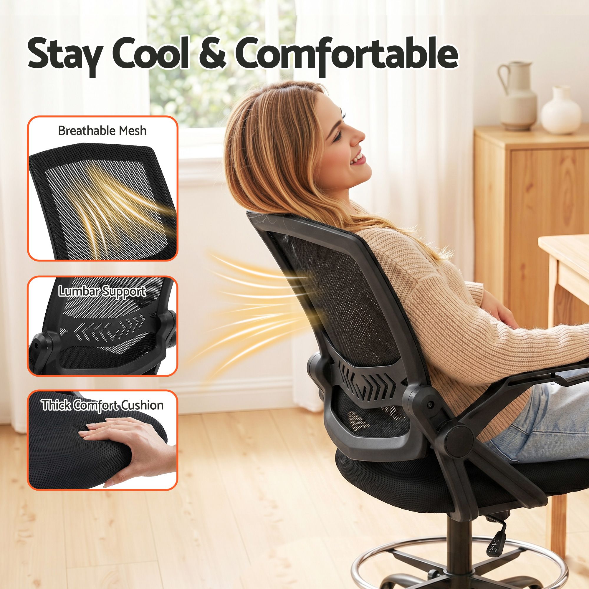 Artiss Mesh Drafting Stool Office Chair - Black - Image 6