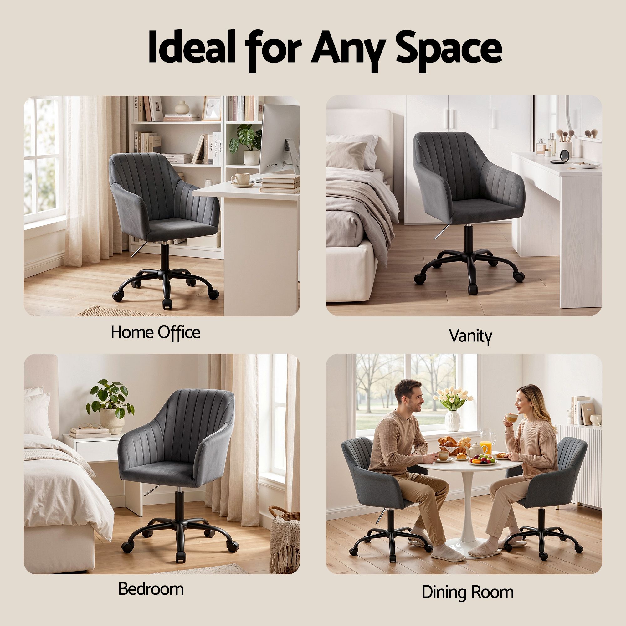 Artiss Modern Velvet Office Desk Swivel Chair (Dark Grey) - Image 7