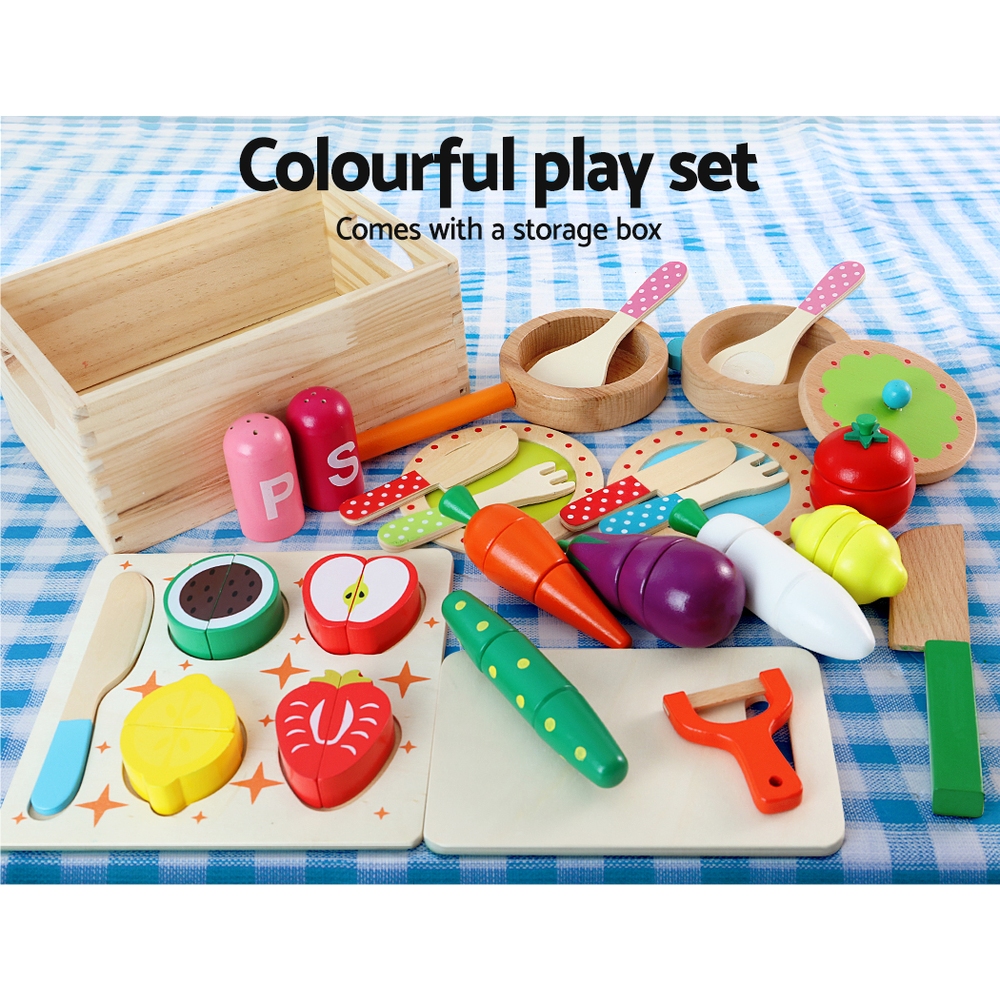Keezi Kids Wooden Kitchen Play Set with Pretend Food - Image 4