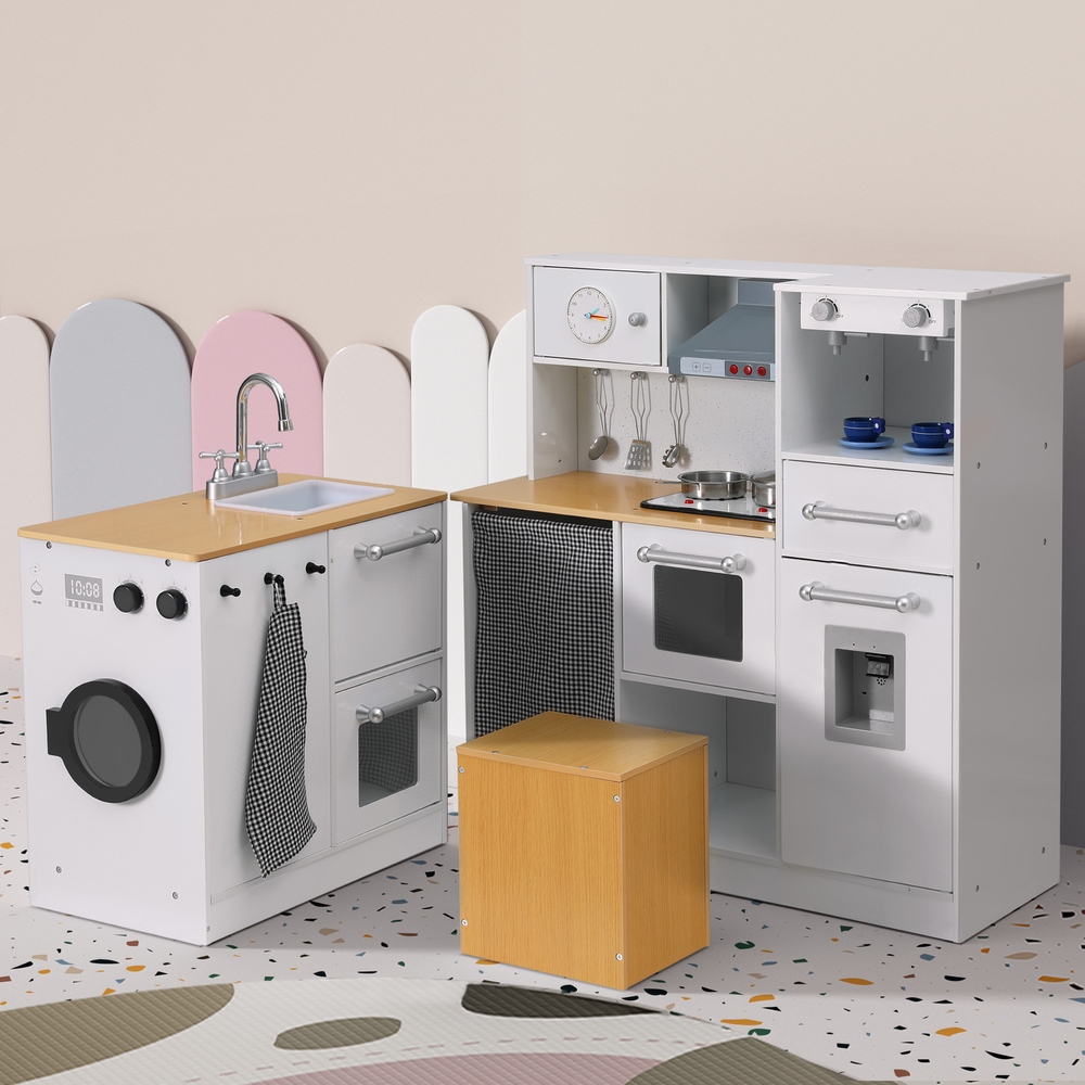 Keezi Kids Kitchen Playset 2-Piece Wooden Pretend Play Coffee Maker Toy 80CM White - Image 7
