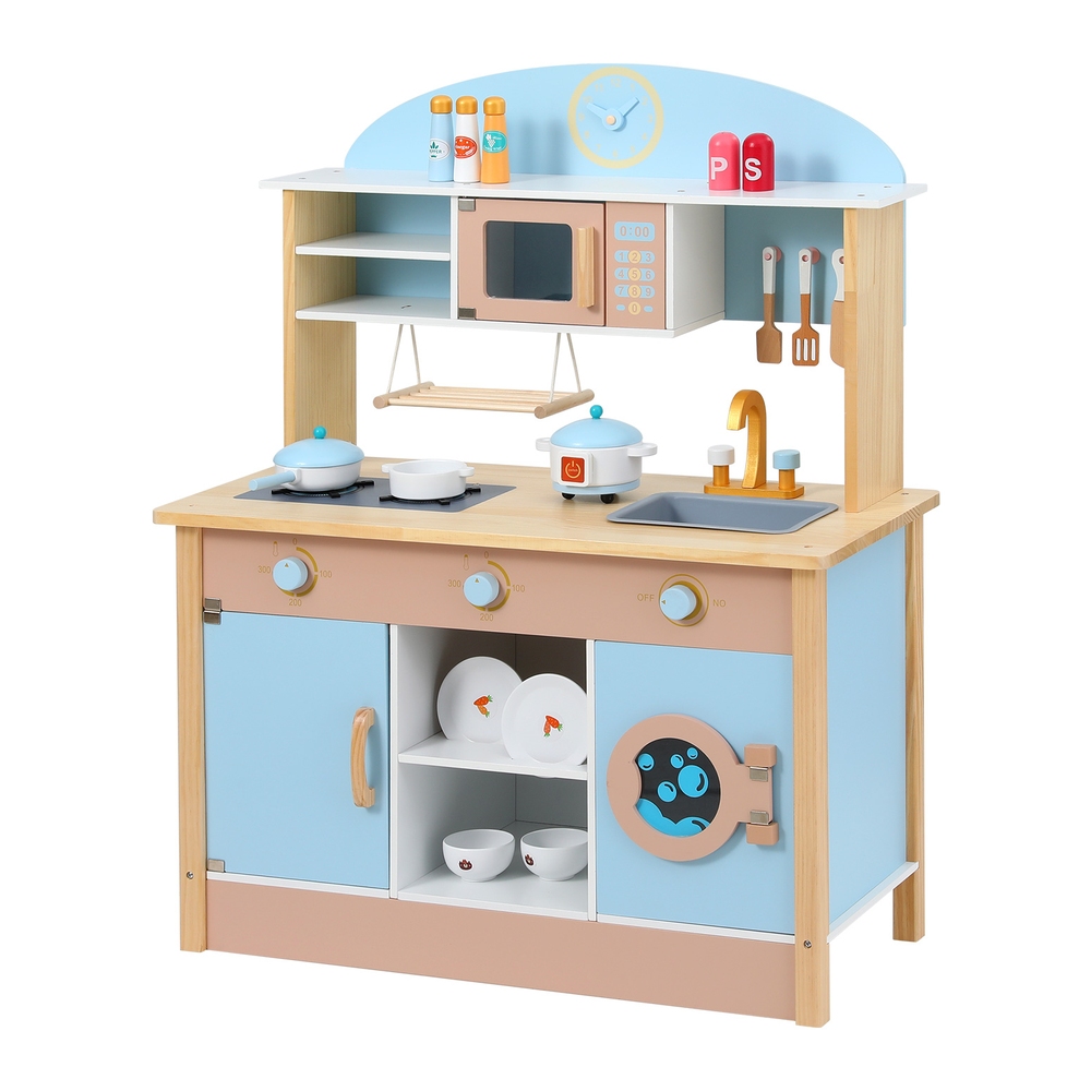 Keezi Kids Wooden Kitchen Play Set Pot Pan Oven Blue 80CM