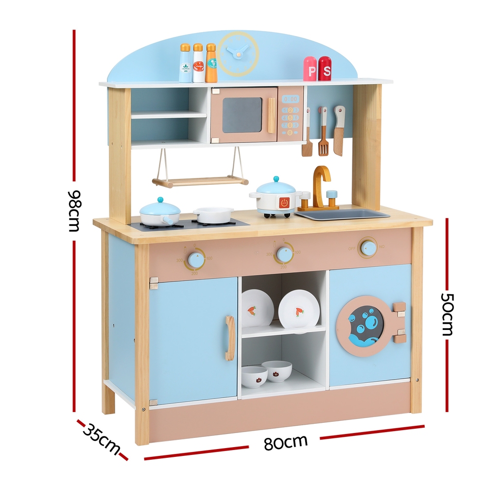 Keezi Kids Wooden Kitchen Play Set Pot Pan Oven Blue 80CM - Image 2