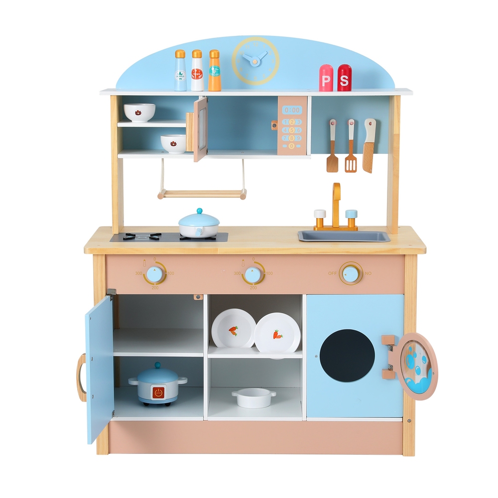 Keezi Kids Wooden Kitchen Play Set Pot Pan Oven Blue 80CM - Image 3