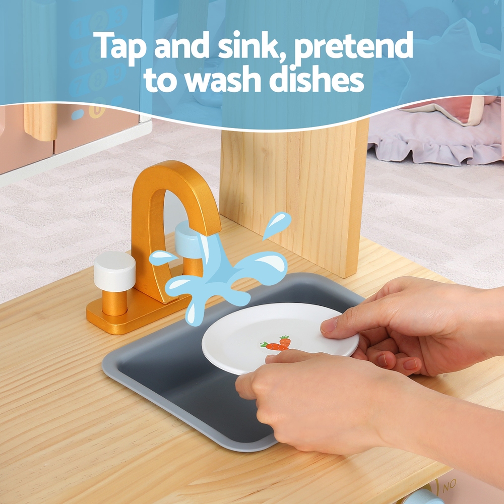 Keezi Kids Wooden Kitchen Play Set Pot Pan Oven Blue 80CM - Image 5
